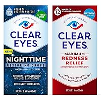 Bundle of Clear Eyes Nighttime Restoring Eyes Drops, Nighttime Relief Dry Eye Drops, 0.5 Fl Oz + Clear Eyes Maximum Redness Relief Eye Drops - 1 oz