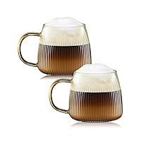 Premium Unique Glass Coffee Mugs Set of 2 Fancy Cups with Stylish Vertical Stripes Pattern - Light Yellow Handle (Clear)