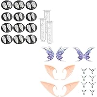 12 Pairs Vampire Fangs and Festival Cosplay Kit 8 Sheets Face Gems, 2 Pairs Elf Ears, 2 Sheets Butterfly Tattoos - Perfect for Raves, Dress-up, Halloween, and Christmas