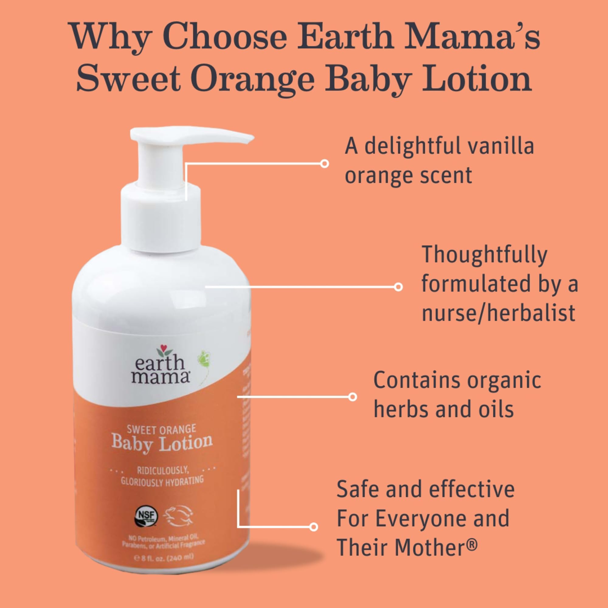 Earth Mama Sweet Orange Baby Lotion | Nourishing Organic Calendula + Rooibos for Sensitive Skin, 8 Fl Oz