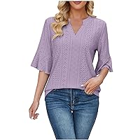 Elegant Casual Tops for Women 1/2 Flare Sleeve Dressy Shirts Solid Eyelet Cute Tunic Cozy Breathable Blouses Tee