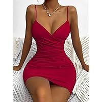 Women's Dress Dresses for Women Ruched Bodycon Cami Dress (Color : Burgundy, Size : Large)