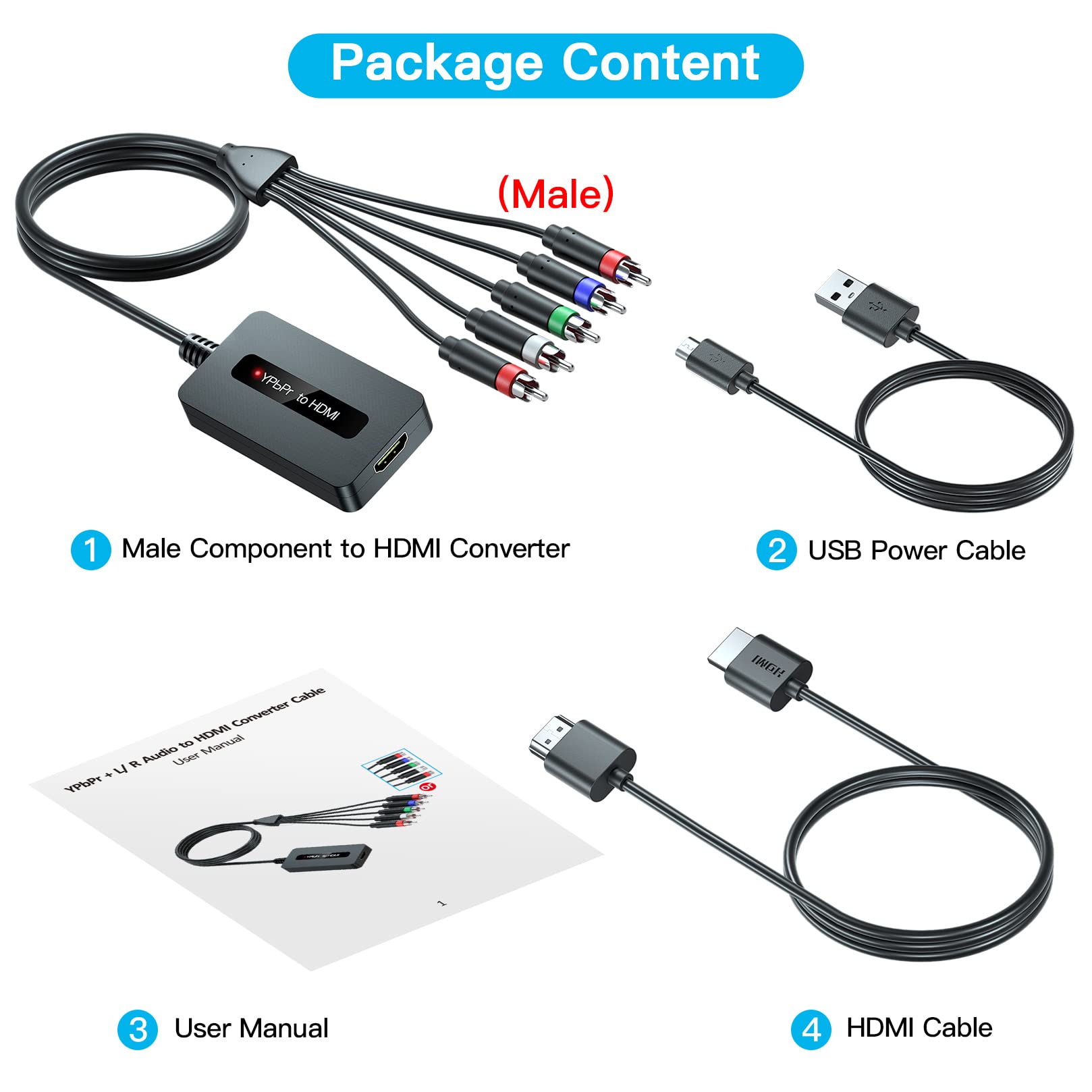 Male Component to HDMI Converter Cable with HDMI and Component Cables for DVD/ STB with Female Component Output to Display on HDTVs, 1080P RGB YPbPr to HDMI Converter, Component in HDMI Out Adapter…