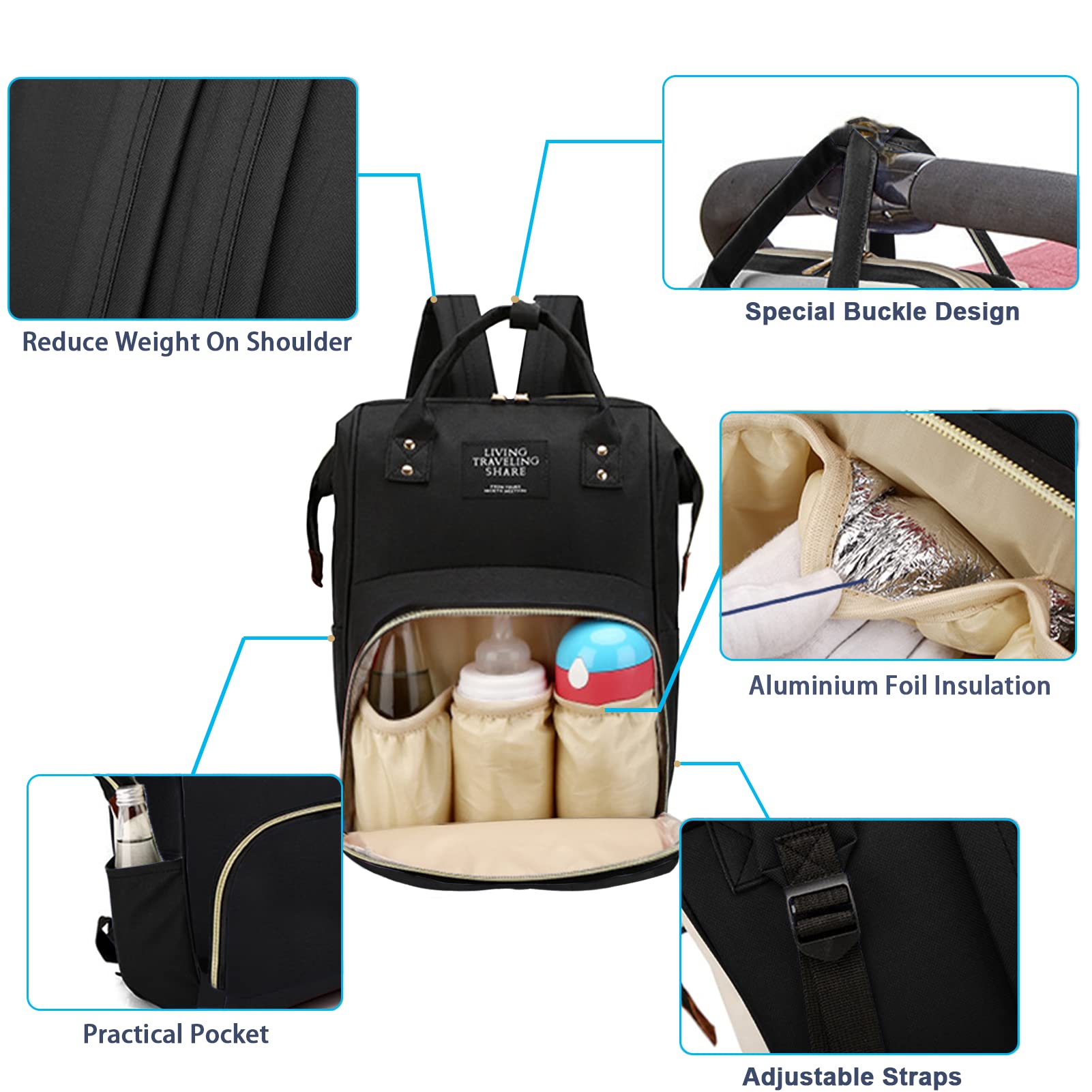 Diaper Bag with Organizing Pouches, Nappy Bags Handbag Multifunction Diaper Bag for Baby Care Travel Backpack Large Capacity Black