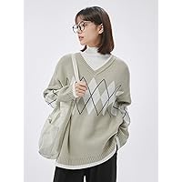 Sweaters for Women 1pc Argyle Pattern -Neck Drop Shoulder Sweater Sweaters for Women (Color : Mint Green, Size : Small)
