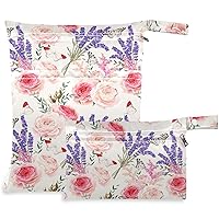 visesunny Beautiful Lavender Rose Flowers Butterfly 2Pcs Wet Bag with Zippered Pockets Washable Reusable Roomy for Travel,Beach,Pool,Daycare,Stroller,Diapers,Dirty Gym Clothes, Wet Swimsuits, Toiletri