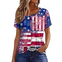 American Flag 4Th of July Tops for Women 2024 Casual Stars and Stripes Print Button Boat Neck Short Sleeve Tee Clothing