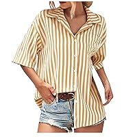 Women's Casual Striped Tops Button Down Short Sleeve Dressy Shirts Summer Fashion Loose V-Neck Boyfriend Blouses