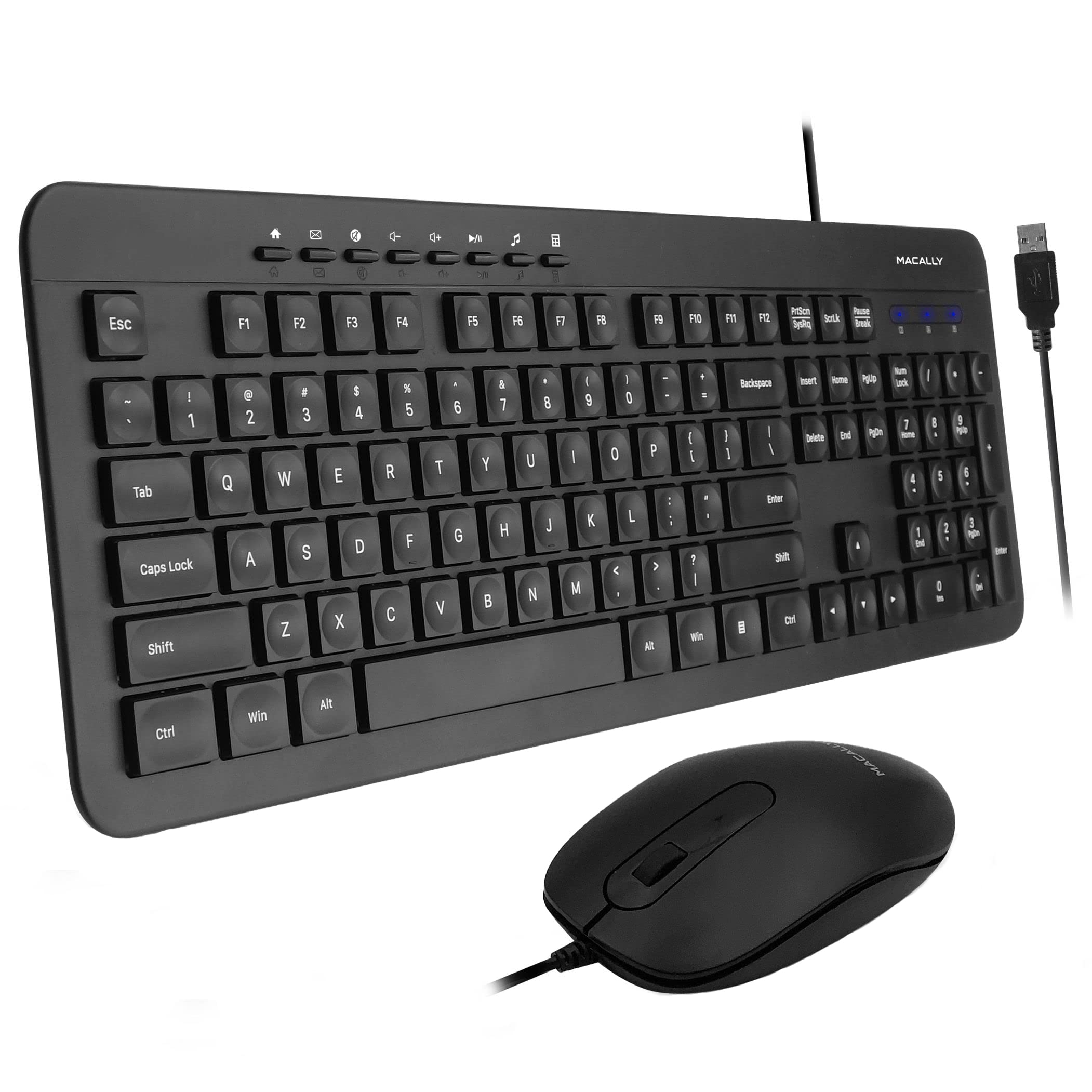 Wired Keyboard and Mouse Combo, Macally Full Sized Ergonomic USB Keyboard and Mouse Wired - Slim and Quiet Wired Keyboard and Mouse - Wire Corded Keyboard for Laptop and Desktop PC Computer