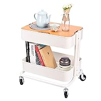 2-Tier Metal Utility Rolling Cart Storage Side End Table with Cover Board for Office Home Kitchen Organization, Cream White