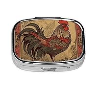 Square Pill Box Old Rooster Illustration Cute Small Pill Case 2 Compartment Pillbox for Purse Pocket Portable Pill Container Holder to Hold Vitamins Medication Fish Oil and Supplements