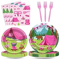 ZOIIWA 96Pcs Pink Camping Party Supplies for 24 Guests Girl Camping Paper Plates Napkins Camping Adventure Party Decorations Pink Camping Disposable Tableware Set for Kids Baby Shower Birthday Party