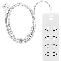 Philips EZFit 8-Outlet Surge Protector Power Strip, 8 Ft Braided Extension Cord, Widely Spaced Outlets, Flat Plug, for Home Office Dorm Essentials, 2160 Joules, White, SPP3673W/37