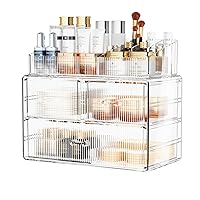 ZHIAI Clear Stripes Makeup Organizer for Vanity - Organize Your Beauty Essentials with Make Up Organizers and Storage, Multi-Purpose Bathroom Organizer Jewelry Holder Organizer, (1 Top 3 Drawers,)