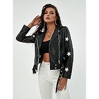Women's Jackets Jackets for Women Star Print Zip Up Leather Moto Jacket Jacket (Color : Black, Size : X-Small)