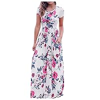 XJYIOEWT Summer Dresses for Women 2024 Midi Pink, Women's Casual Floral Printed Dress Short Sleeve Maxi Dress with Pock
