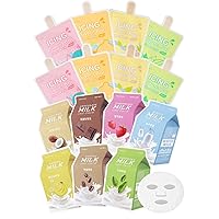A’pieu Milk Sheet Mask (7 flavors in 1 pack) with Milk Essence + Icing Sweet Bar Mask Sheet (8 sheets in 1 pack) With Fruit Essence - Korean skincare for normal to dry skin.