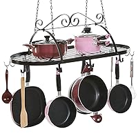 MyGift Black Scrollwork Metal Pot and Pan Ceiling Hanging Rack Heavy Duty Cooking Pans and Utensil Hanger with 10 Dual Hooks