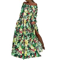 Women Bohemian Style Elegant Off Shoulder Flowered Printing Long Sleeve Slit Long Casual Work Dresses for Women
