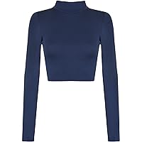 WearAll Womens Turtle Neck Crop Long Sleeve Plain Top - Navy Blue - US 8-10 (UK 12-14)