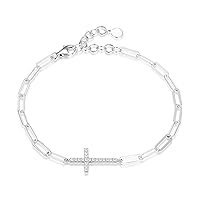 Amazon Essentials Cubic Zirconia Horizontal Cross Paperclip Chain Link Bracelet in Sterling Silver, 6.25