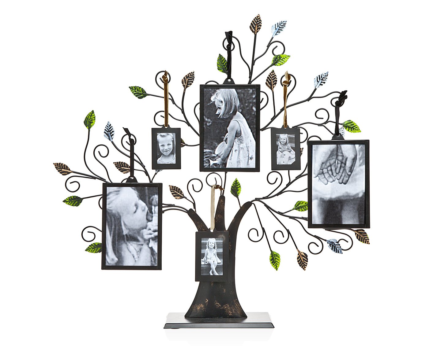 Philip Whitney 20" Bronze Family Tree of Life Centerpiece Display Stand with Green Leaves and 6 Hanging Photo Picture Frames - 3 Each of 4x6 an...