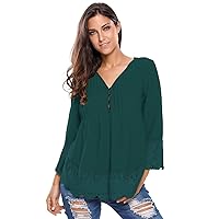 Womens Lace Detail Solid Color Button Up Sleeved Blouse