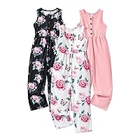 PATPAT 3 Pieces Girl Rompers Solid Floral Button Down Sleeveless Jumpsuits Long Pants Multipack with Pockets