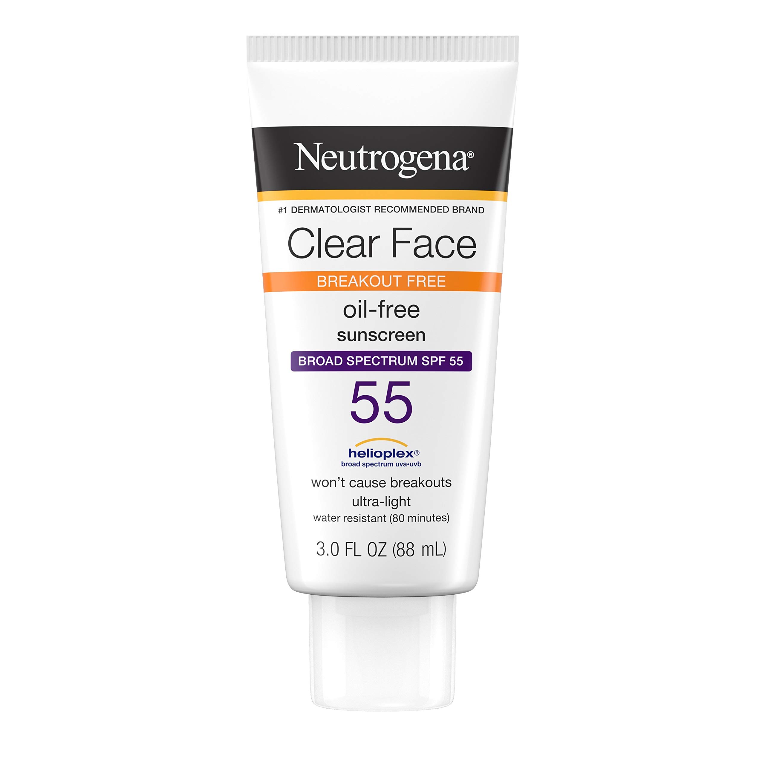Neutrogena Clear Face Liquid Lotion Sunscreen for Acne-Prone Skin, Broad Spectrum SPF 55 with Helioplex Technology, Oil-Free, Fragrance-Free & Non-Comedogenic Facial Sunscreen, 3 fl. oz