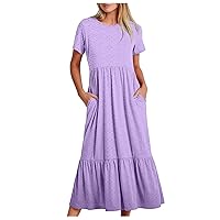 Eyelet Embroidery Maxi Dress Women's Ruffle Hem High Waist A-Line Dress Summer Casual Flowy Beach Dress with Pockets