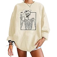 Meladyan Halloween Skull Graphic Print Fleece Oversized Sweatshirt Crewneck Long Sleeve Drop Shoulder Pullover