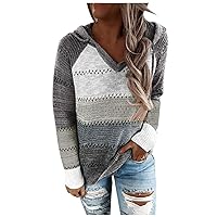Womens Light Weight hoodies Color Block Drawstring Hooded Sweaters Long Sleeve Knit Pullover Sweatshirts