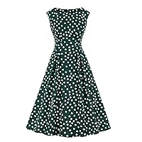Wellwits Women's Pleated Details High Waist Polka Dots Tea Length Vintage Dress