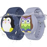 Waterproof Air tag Bracelets For Kids (2 Pack) - Soft Silicone Hidden Air tag Wristband - Lightweight GPS Tracker Holder Compatible with Apple Airtag Watch Band For Child (Owl & Penguin)