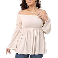 Pinup Fashion Women's Plus Size Off The Shoulder Tops Summer Long Bell Sleeve Smocked Tunic Tops 1X-5X