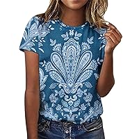 Women's Short Sleeve Round Neck Loose Fit Basic T Shirts 2024 Summer Dressy Holiday Floral Printed Tops Blouse