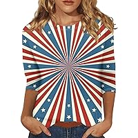 Women's 3/4 Sleeve Blouse Independence Day Women's Tops Fit Print Solid Color Women's Cute Basic Tee 2024