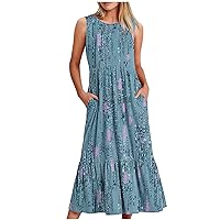 Maxi Dresses for Women Floral Print Long Boho Dress with Pockets Pleated Casual Sleeveless Sundress Loose Summer Tank Dress