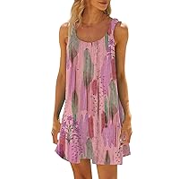 Spring Dresses for Women 2024 Printed Pleated Sun Dress Sleeveless Flowy Dress Swing Trendy Lightweight Dresses