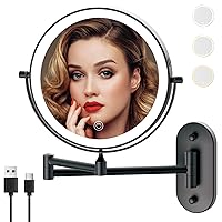 Rechargeable Wall Mounted Lighted Makeup Vanity Mirror 8 Inch Double Sided 1X 10X Magnifying Bathroom Mirror, 3 Color Lighting, Touch Screen Dimming, 360 Rotation Shaving Mirror