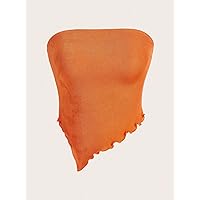 Women's Tops Sexy Tops for Women Women's Shirts Solid Lettuce Trim Tube Top (Color : Orange, Size : Medium)
