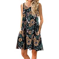 EFOFEI Womens Floral Printed Sleeveless Casual Swing Loose Mini Tank Dress with Pockets