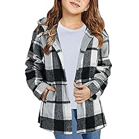 Girls Flannel Plaid Button Down Top with Pockets Long Sleeve Hooded Jackets Length Below Hip Circumference