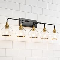 Black and Gold Bathroom Vanity Light 5-Lights Bathroom Light Fixtures Over Mirror with Clear Glass Shade 39.2 inch Wall Sconce Lighting Bath(Exclude E26 Bulb)