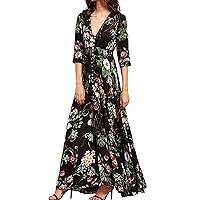 Women's Flowy Boho Floral Button Down Maxi Dress Casual Smocked A-line Short Sleeve V Neck T Shirt Vacation Slit Long Dresses