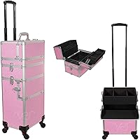 6 in 1 Professional Aluminum Interchangeable Rolling Makeup Train Case Large Capacity Trolley Travel Storage Cosmetic Organizer Portable Extra Lid
