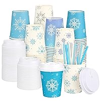 Christmas Snowflake Disposable Coffee Cups Hot Coffee Paper Cups with Lids and Straws Disposable Coffee Espresso Cups Tea Cups for Christmas Holiday Party Supplies (Snowflake Style, 9oz)