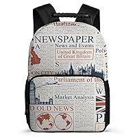 UK London Newspaper 16 Inch Travel Laptop Backpack Casual Hiking Backpack with Mesh Side Pockets for Business Work