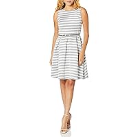 Nine West Women's Striped Fit and Flare Dress with Self Belt