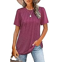 Womens Tops Summer Short Puff Sleeve Pleated Shirts Casual Loose Tshirts Trendy 2024